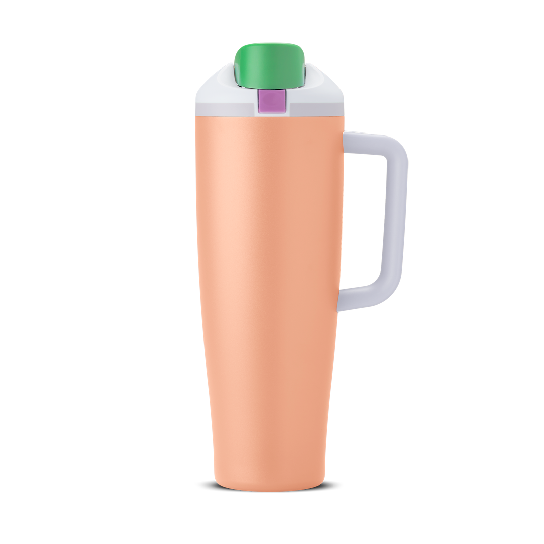 Tall, peach-colored tumbler with a white lid, green flip-up spout covering, purple rectangular button on top, and a side handle.